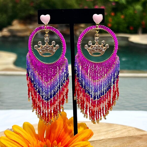 Handmade Beaded Queen Long Fringe Dangle Drop Lightweight Post Hoop Earrings Wow - Picture 7 of 9